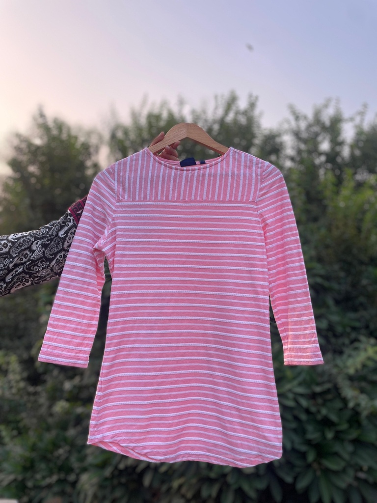 pink and white stripped shirt